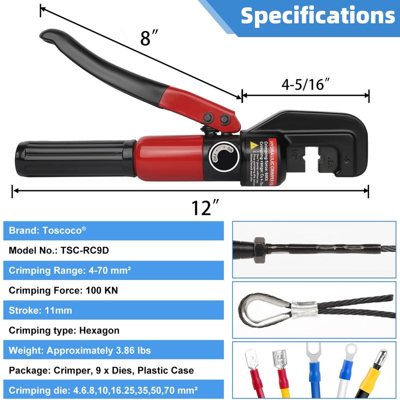Toscoco Upgraded Hydraulic Crimping Tool for 1/8"" 3/16"" Stainless Steel Cable Railing Kits  Hand Hydraulic Crimper with Return Spring  Reinforced Unbreakable Head and 9 Pairs Black Oxide Coated Dies - Image 4